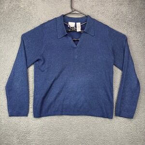 Villager Liz Claiborne Blue Metallic Shimmer Knit Polo Sweater Large Vintage Y2K